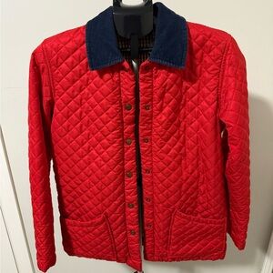 J McLaughlin Barn Coat Quilted Jacket with Navy Collar *FLAW* see description